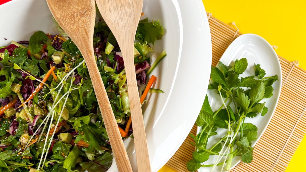 Gemüsesalat mit frischen Kräutern und Teriyaki-Sauce